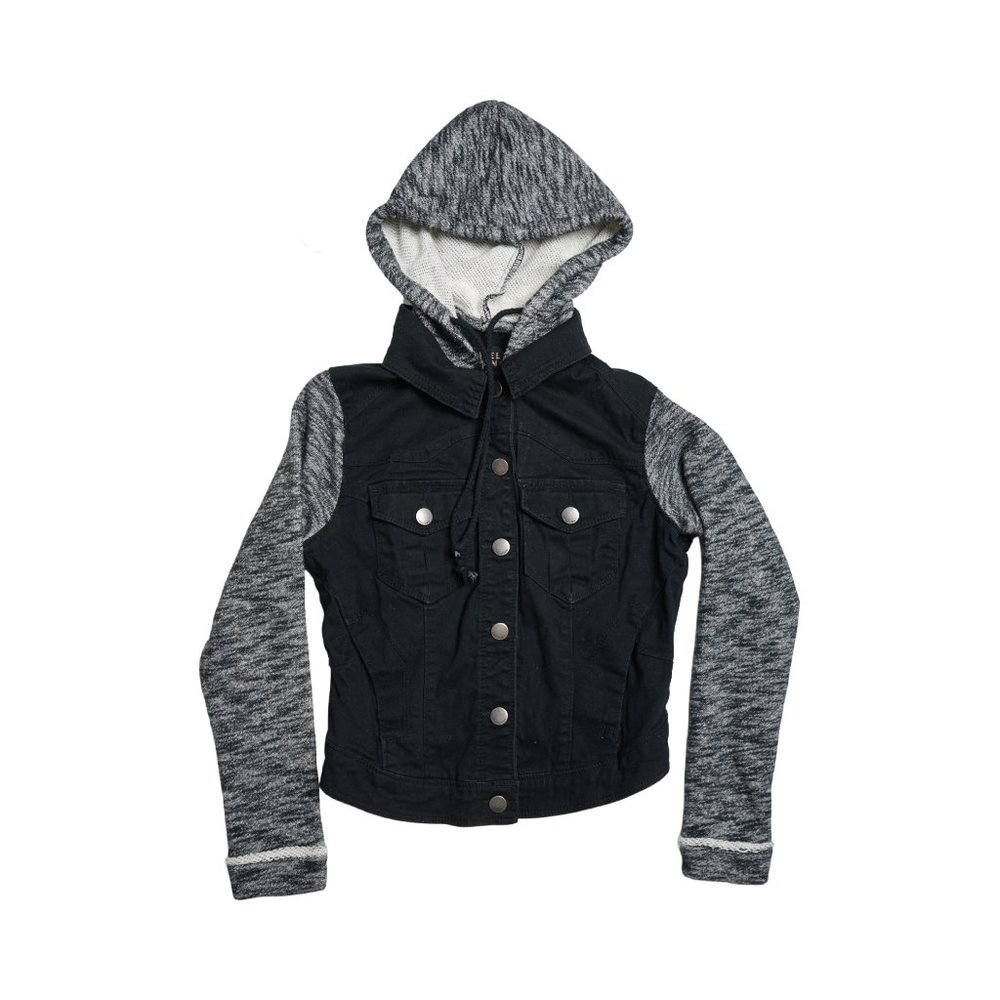Black Denim And Gray Sweatshirt Mid-Length Jacket